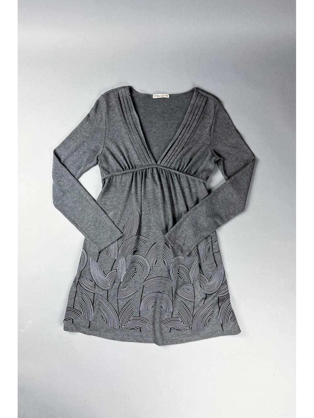 Y2K Grey Long Sleeve V-Neck Mini Dress with Patterned Hem
